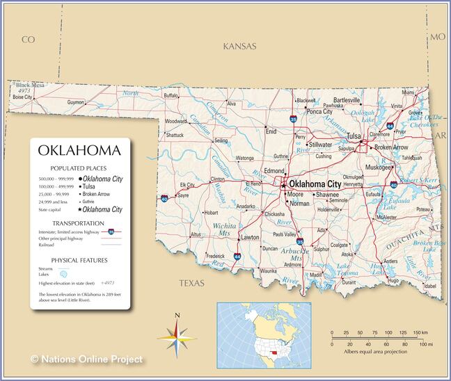 Map of the State of Oklahoma, USA, showing boundaries, the location of major cities and populated places, rivers and lakes, interstate highways, principal highways, and railroads.