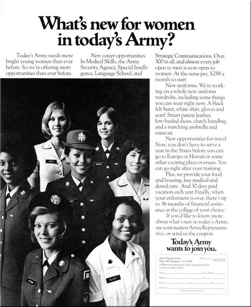 WAC Recruiting Ad - 1972 - young enlisted Black, Hispanic, and White WACS in uniform