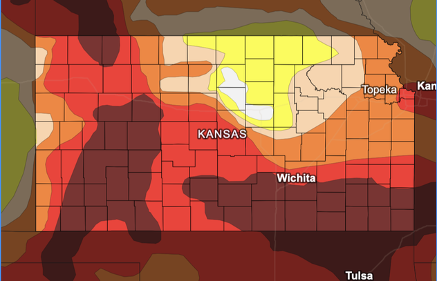 Map of Kansas, USA, with color-coded drought conditions, October 1, 2022