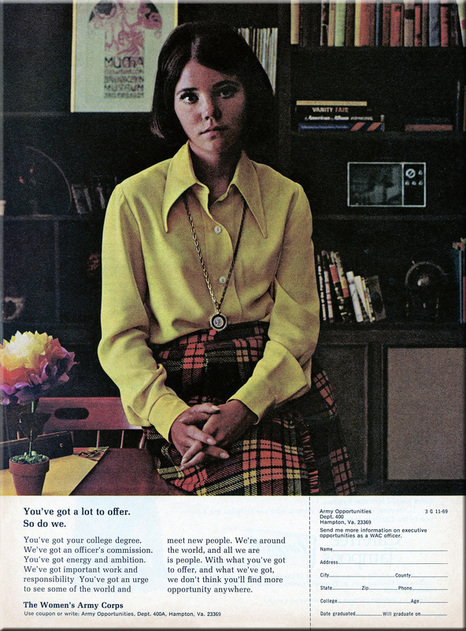 WAC Recruiting Ad - 1969 - young civilian woman at home considering possibilities of becoming a WAC officer