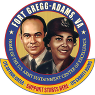 Color image of logo for Fort Gregg-Adams, Virginia, which features head shots of LTG Arthur Gregg and LTC Charity Adams