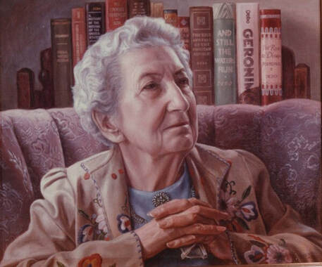 Color image of the portrait of Angie Debo that is hanging in the rotunda of the Oklahoma State Capitol