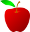 Color image of a bright red apple with one green leaf.