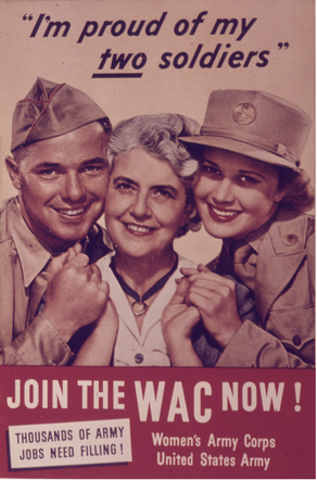 WWII WAC Recruiting Poster - Proud Mom hugging her son and daughter dressed in Army uniforms.