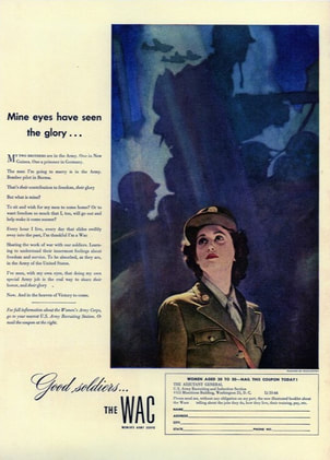 WWII - WAC Recruiting Ad - Life magazine, 1944 - one WAC in a skirted uniform with combat soldiers and aircraft in the background
