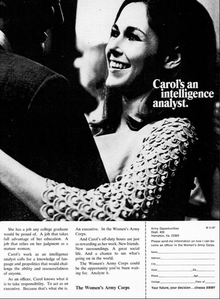 WAC Recruiting Ad -  Nov. 1967.  Carol's an intelligence analyst.  Young WAC officer off-duty in civilian clothes dancing with friend.