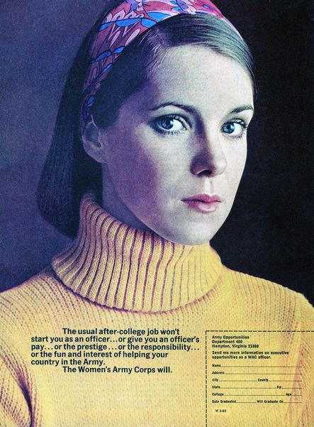 WAC Recruiting Ad - 1969 - head & shoulders photo of young civilian woman pondering the possibility of becoming a WAC officer