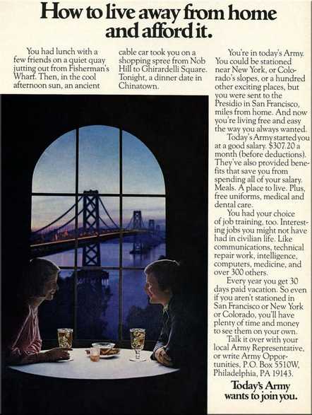 WAC recruiting ad - 1973 - young WAC in civilian clothes enjoying dinner with a friend in San Francisco, California