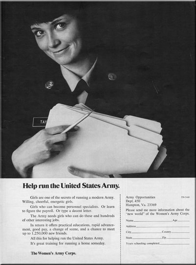WAC recruiting ad - 1969 - young enlisted WAC in uniform holding files in her job in administration