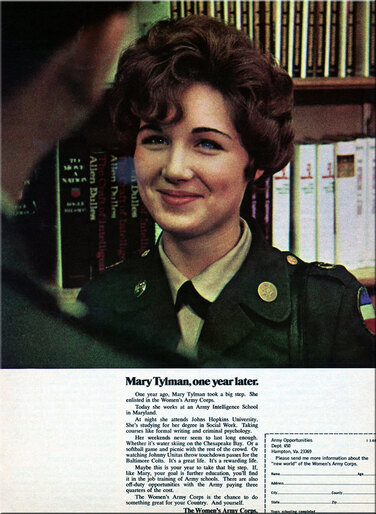 WAC recruiting ad - 1969 - Young enlisted WAC in uniform at work as an intelligence analyst