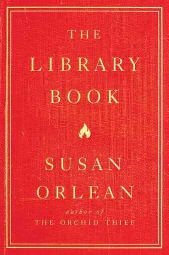Book cover (red with gold letters) of The Library Book by Susan Orlean