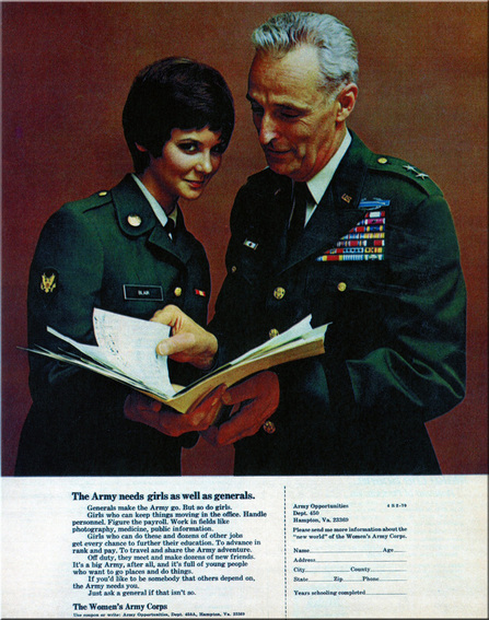 WAC recruiting ad - 1970 - young WAC enlisted woman working in administration confers with a general