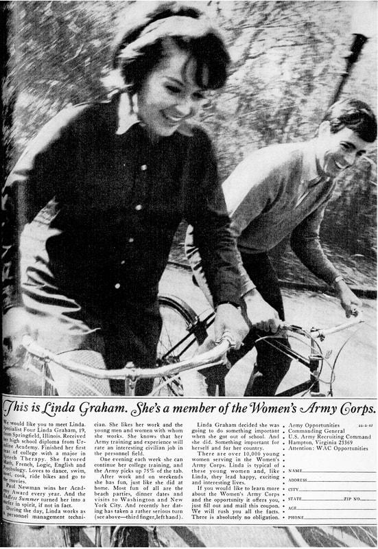 WAC recruiting ad - May 1967 - Young enlisted WAC and friend bicycling off-duty. 