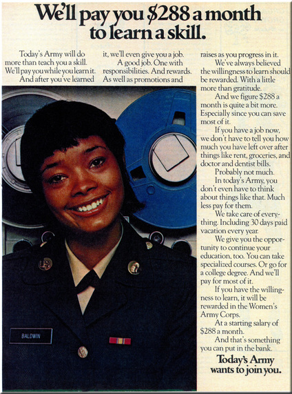 WAC recruiting ad - 1972 -  young enlisted Black WAC in uniform at work in communications